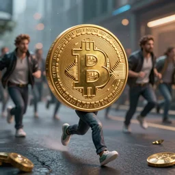 crowd running of bitcoin, cyberpunk art, hyper-realistic, 4k