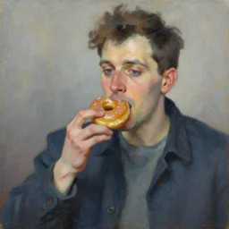 An impressionist oil painting of a man eating a doughnut