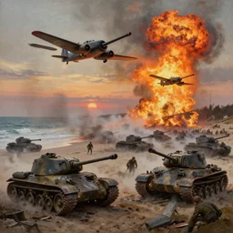 normandy!!!!!, fire, ( ( painting ) ) by jessica rossier and ivan shishkin, d - day, airplanes bombing the beach, ultra realistic!!!, 1 9 4 5, ray tracing, destroyed tanks, chaos!!!, the landings, smoke, soldiers charging in, cinematic, wide shot, sunset, sadness, highly detailed