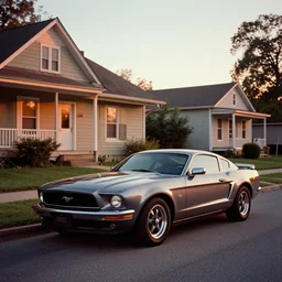 A Ford mustang parked in a old neighborhood, sunset time, realistic photograph, William Eggleston style
