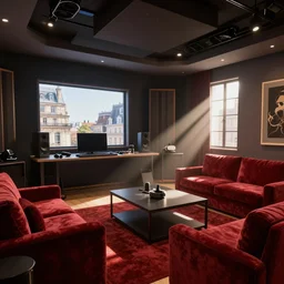 A screenshot of a Virtual Reality music studio, living room vibe, Paris hotel style, red velvet furniture, light rays coming out of the windows, raytracing, highly detailed, futuristic, unreal engine 5, photoscanned, photorealistic,