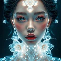very up close symmetrical sci fi portrait of fashion elegant sophisticated of a translucent digital porcelain very beautiful cyborg lolita girl, dramatic lighting, ultra detailed ornate fractal neon wire decoration, radiant skin, luscious thick hair, flamboyant hairdo. complex white nano mechanical baroque flowers, micro detail, by satoshi kon, sharp focus, trending on artstation hq, deviantart, pinterest, unreal engine, 8