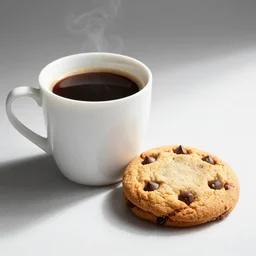 a coffee and a chocolate chip cookie, professional photo