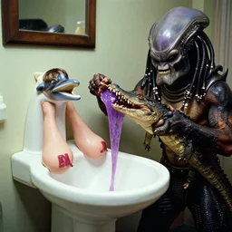 Predator vs Alien but it's purple cheese holding an alligators hair back as it regurgitates popular movie franchises into a dolphin shaped urinal with double D cups resembling brad pitt and leonardo dicaprio, found footage 35mm film still shot by unknown