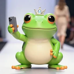 super cute smiling green tree frog with a tiara on its head, taking a selfie on a fashion show, photo realistic, matte image