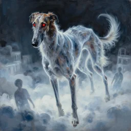 very oily painting of a borzoi with glowing red eyes floating above the clouds looking down on humanity, borzoi, venom movie, ghostly form, transparent, d & d, highly, in the style of frank miller, detailed art, digital art, art stations, concept art, sharp focus, illustration, cinematic lighting, paint smears