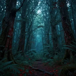 fantasy forest, lush, epic fantasy, dark cyan accents, dark red accents