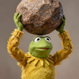 stunning award winning hyperrealistic hdr 8 k highly detailed digital painting, trending on artstation of beaker from the muppets lifting a giant boulder over his head, bulging muscles, bodybuilder
