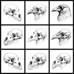 grid of style sheets, crow skull, hand drawn bird skull, line art sketch of raven animal head
