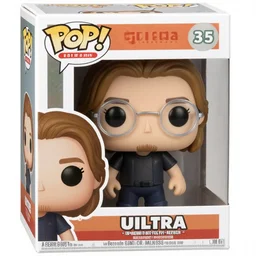 a funko pop of german young man with long light brownish hair, very short goatee and light round glasses, in a funko pop box that says ultra