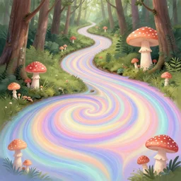 winding path in the forest after taking psilocybin mushrooms, colorful swirly magic ripples, pastel colors, by greg manchess, huang guangjian, gil elvgren, sachin teng, greg rutkowski, jesper ejsing