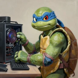 portrait painting of a system administrator teenage mutant ninja turtle donatello, building computers, painted by greg rutkowski, dishonored 2