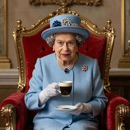 the Queen of the United Kingdom as a Shiba Inu drinking her warm coffee on her throne, portrait by Frans Hals n- 4