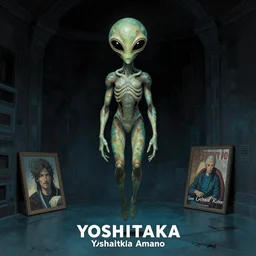 simple concept art of an ancient alien floating in a dark room, an award winning yoshitaka amano digital art poster, by james gurney and gerhard richter. art by takato yamamoto. masterpiece, deep colours.