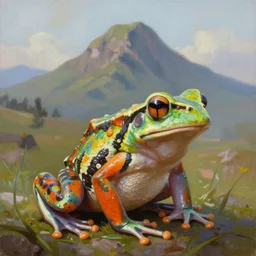 a brightly - colored frog, a single huge mountain in the background, extremely detailed oil painting, unreal 5 render, digital art, landscape painting, octane render, beautiful composition, trending on artstation, award winning photograph, masterpiece