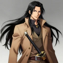 half - body character portrait by tatsuki fujimoto of a handsome male vampire, sword holster, long black hair, light brown coat