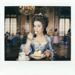 a Polaroid of Marie Antoinette eating cake at the Versailles palace in 1792, candid photography