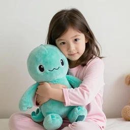 a small girl hugging her plush Cthulhu  in pajamas