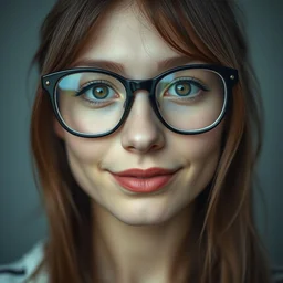 a portrait photograph of a nerdy young woman with big glasses, dof, sharp focus, slight smile, highly detailed face, symmetric face, realistic iris, cinestill 8 0 0 t, exif, raw, photography by paolo roversi