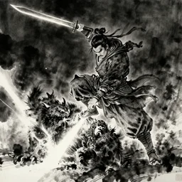 ancient ink painting of a chinese warrior in clothes with a broadsword, hejump and hit the monster down hard, a dark sky and a ray of white light on the grounddramatic lighting, whole body, extremely detailed, octane render, 8 k, sophisticated