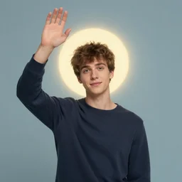 young male, halo, raising his hand, slowly, greg rutkowski