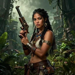 portrait of a young very beautiful cute tribal woman holding a steampunk gun, in a post apocalyptic city overgrown with lush vegetation, by Luis Royo, by Greg Rutkowski, dark, gritty, intricate, volumetric lighting, volumetric atmosphere, concept art, cover illustration, octane render, trending on artstation, 8k