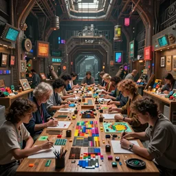 cinematic shot epic hall of creativity, hyper realistic, mood lighting, fantasy, detailed people creating art, highly detailed, super realistic, perfect lighting pixel sorting, style sheet
