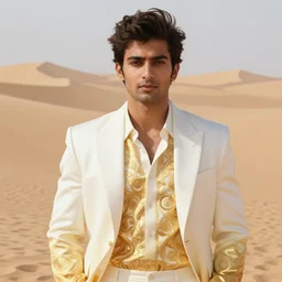 full figure beautiful young indian man, dressed in expensive clothes, luminous scene, by greg rutkowski and alphonse mucha, d & d character, gradient white to gold, in front of a dune desert background, highly detailed portrait, digital painting, artstation, concept art, smooth, sharp focus illustration, artstation hq