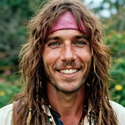 half - body portrait of hippie in garden masterpiece happiness by jim burns doyle, tim detailed ultrarealistic expressive eyes dynamic cinematic dramatic