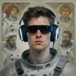 future coder man looking on, sleek cyclops display over eyes and sleek bright headphoneset, neon accent lights, desaturated headshot portrait painting by dean cornwall, rhads, john berkey, john singer sargent, alex grey, alphonse mucha, donoto giancola, astronaut cyberpunk electric fashion photography