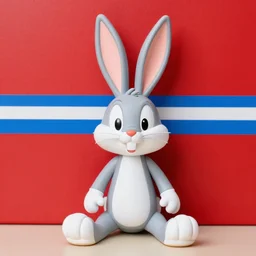 photo of a bugs bunny toy sitting infront of a red wall with blue stripes