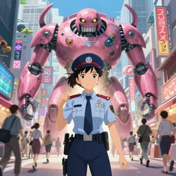 Artwork by James Jean, Phil noto and hiyao Miyazaki ; a young Japanese future samurai police girl named Yoshimi battles an enormous looming evil natured carnivorous pink robot on the streets of Tokyo; Japanese shops and neon signage; crowds of people running; Art work by hiyao Miyazaki, Phil noto and James Jean