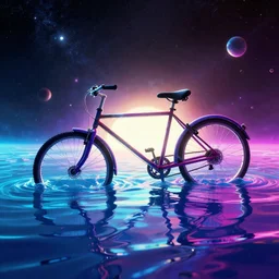 broken bike submerged in colorful space like water, backlit, outer space, vaporwave