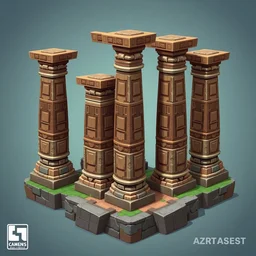 game asset, 5 aztec pillars, stylized, toon, 3 d game art, 3 d, cg, cgi, pbr, spread sheet, game design