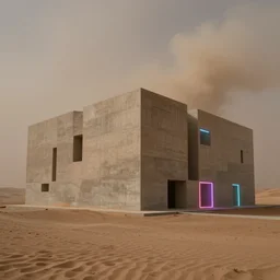 massive concrete building, in the desert, neon lights, james turrel, minimalist architecture, raging sandstorm,