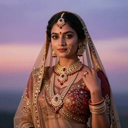 portrait photography of indian goddess of the dawn, beautiful woman, elegant, celebration costume, jewellery, highly detailed, hyper realistic, dramatic sky, dawn, pastel, deep gaze, pretty face, glowing, in the style of steve mccurry