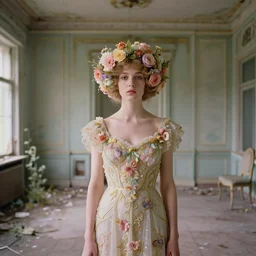 a beautiful flowery girl in an soviet golden liminal abandoned room, film still by wes anderson, depicted by balthus, limited color palette, very intricate, art nouveau, highly detailed, lights by hopper, soft pastel colors