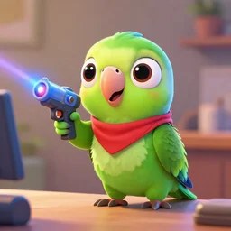 “ one cute parrot with very big eyes, wearing a bandana and chain, holding a laser gun, standing on a desk, digital art, award winning, in the style of the movie zootopia ”