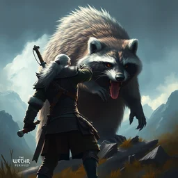 geralt of rivia vs a giant racoon, digital art