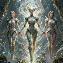 karol bak and tom bagshaw and bastien lecouffe - deharme full body symmetrical character portrait of the beautiful borg queen of sentient parasitic flowing ai, ethereal rebirth, floating in a powerful zen state, beautiful and ominous, wearing combination of mecha and bodysuit made of wires and garland, nature in the background, scifi character render