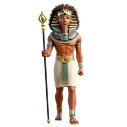 afro-haired pharaoh with staff, detailed 3d character render, full body, standing, isolated on a pure white background, centered, whole figure in frame, sharp focus, studio lighting