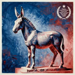 duotone lithograph of cycladic sculpture of a donkey, ultramarine blue and red iron oxide