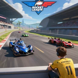 rocket league world champion, watched by rocket league cars, epic, trending on artstation, landscape, very detailed