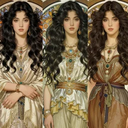 closeup portraits of women's hair styles, thick wavy shiny black hair, shawl, scarf, robes, loincloth, dress, layered skirts, copious jewelry, art by artgerm and greg rutkowski and alphonse mucha and ruan jia, high detailed,