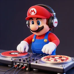 Mario wearing heaphones DJing with DJ pizza turntables, unreal