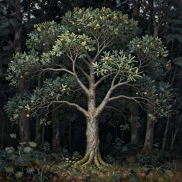 hyperdetailed oil painting of a solitary tree in a dark forest. by greg rutkowski, highly detailed, digital painting, artstation, smooth, sharp focus illustration, artstation hq. intricate, elegant. art by wlop and artgerm and greg rutkowski, alphonse mucha,. dan mumford, tomokazu matsuyama, takato yamamoto