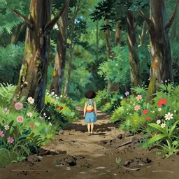 deep muddy forest on a sunny day walkway panorama, blooming, very traditional gouache painting gouache by makoto shinkai ghibli studio disney pixar kyoto animation