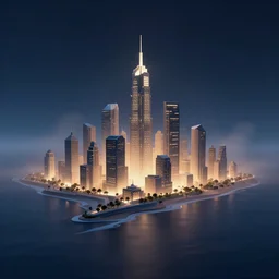 geometric futuristic cityscape, night lights, seashore, 3d minimalistic, distant, volumetric fog, digital art