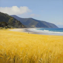 amazing vast scenery, human figure in the distance for scale, golden bay new zealand, abel tasman, surrealist landscape painting