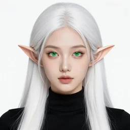a beautiful portrait, white background, gorgeous fantasy elf. black top, professionally retouched, soft lighting, realistic, smooth face, beautiful green eyes, long white hair, cute ears, wide angle, sharp focus on the eyes, 8 k high definition, insanely detailed, intricate, elegant, gorgeous, art by artgerm and wlop